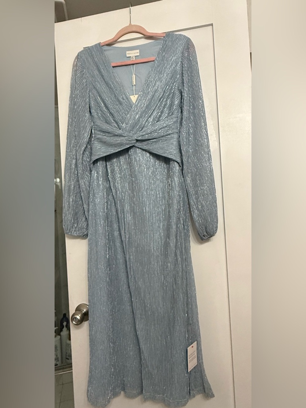 Pretty Lavish Metallic Light Blue Twist-Front Long Sleeve Dress NWT